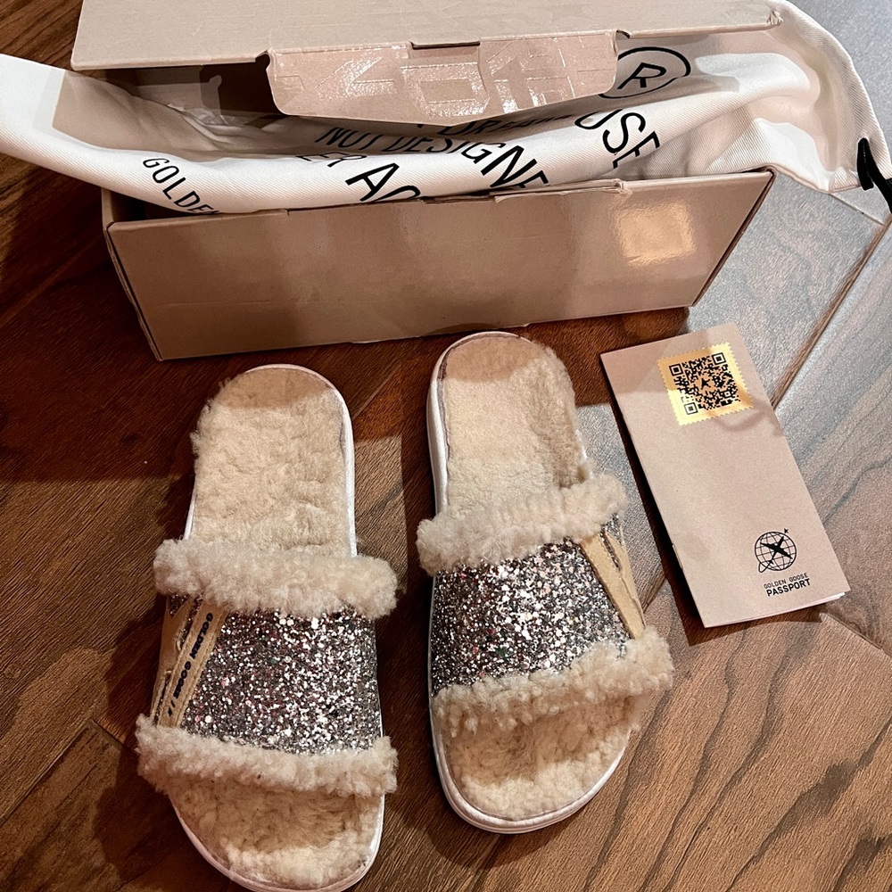 Golden Goose Poolstar Genuine Shearling & Glitter Slides